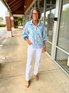 Blue Botanical Print Button Up Top with 3/4 Puff Sleeves - A'Bekah's Boutique