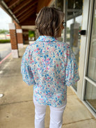 Blue Botanical Print Button Up Top with 3/4 Puff Sleeves - A'Bekah's Boutique