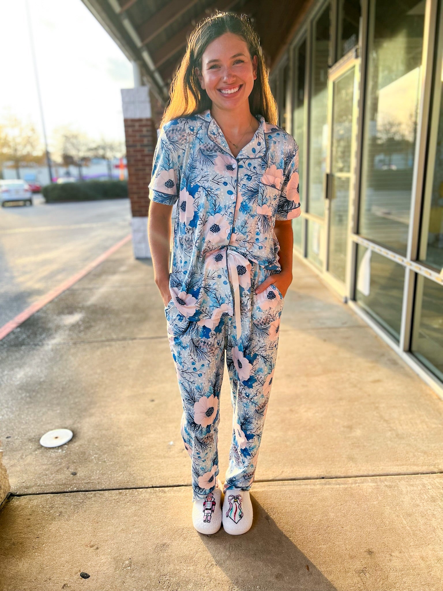 Blue Christmas Floral Button Up Short Sleeve Pajama Pant Set - A'Bekah's Boutique