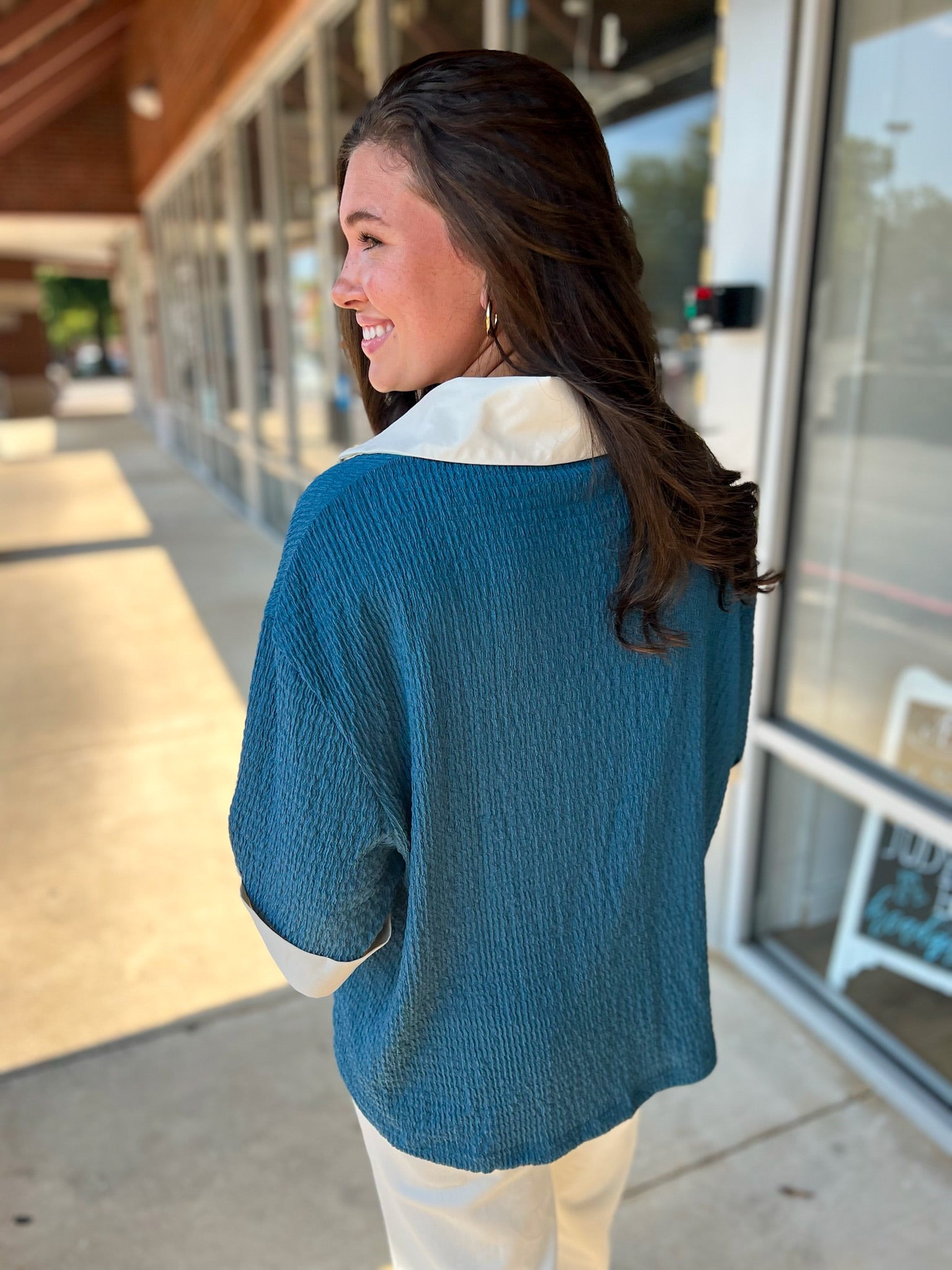 Blue Collared V - Neck Short Sleeve Top - A'Bekah's Boutique