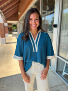 Blue Collared V - Neck Short Sleeve Top - A'Bekah's Boutique