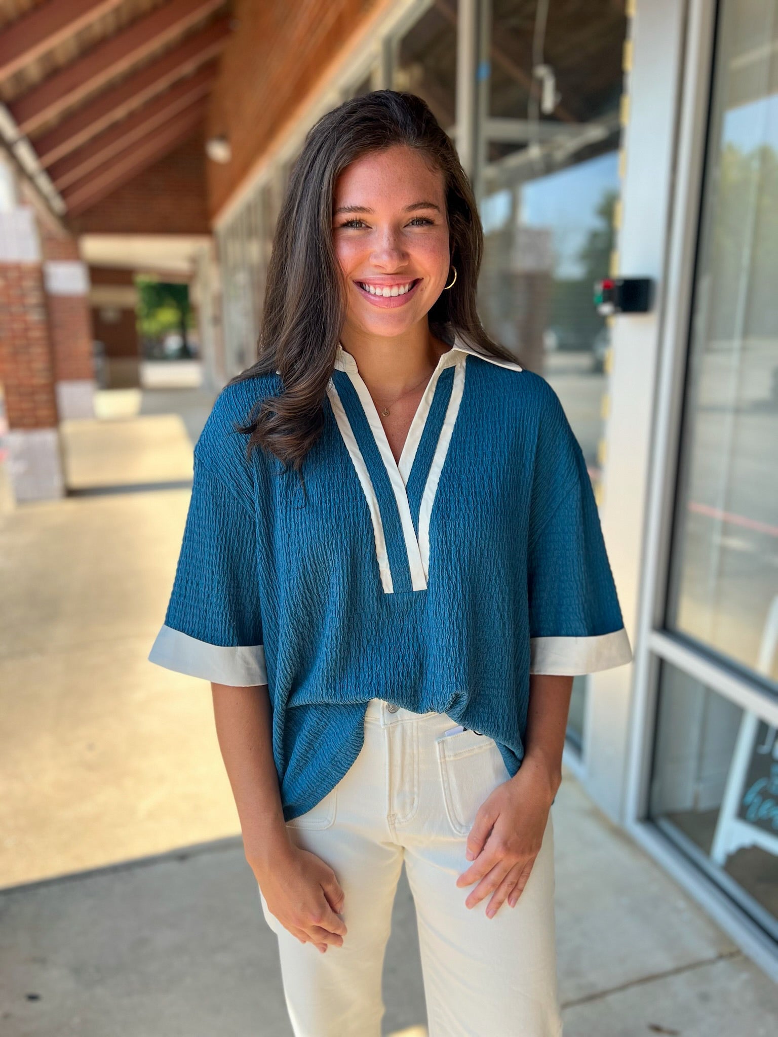 Blue Collared V - Neck Short Sleeve Top - A'Bekah's Boutique