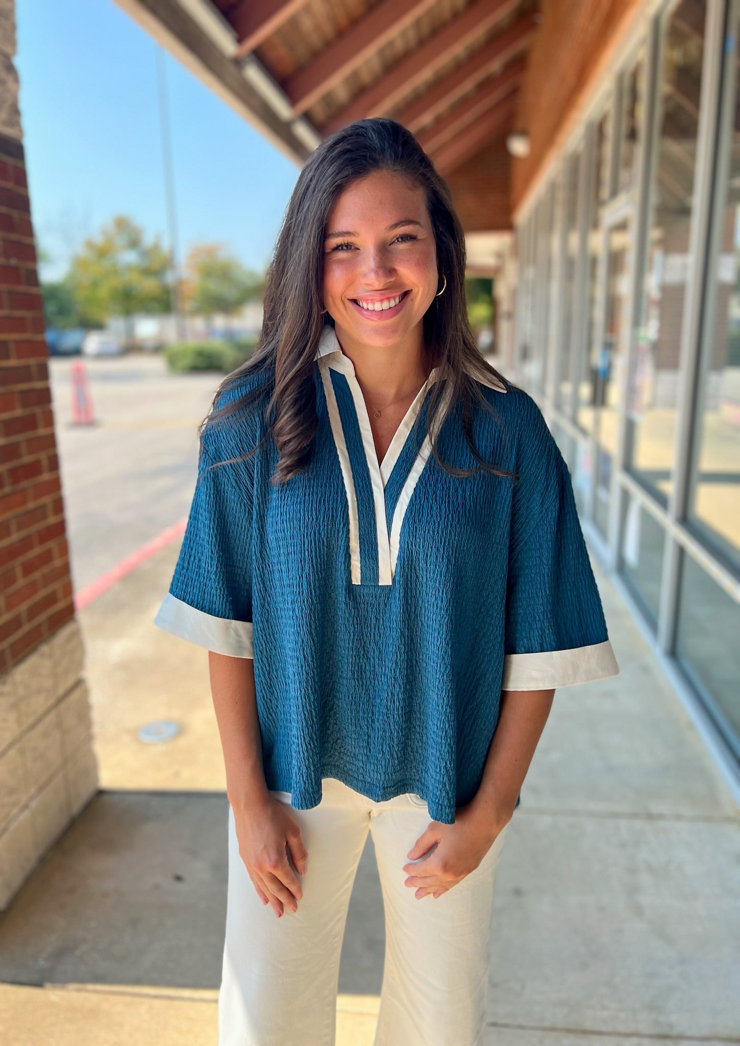 Blue Collared V - Neck Short Sleeve Top - A'Bekah's Boutique