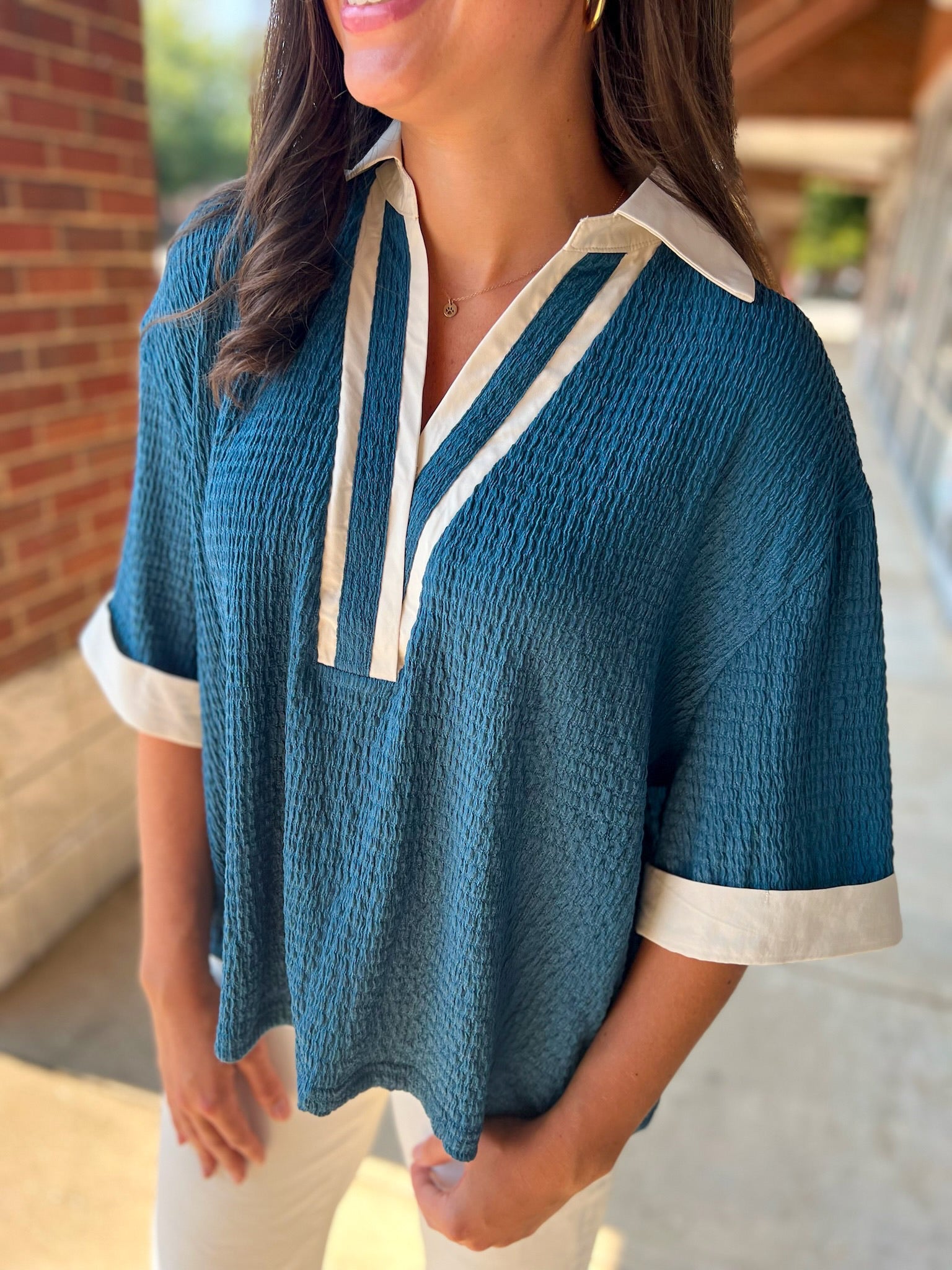 Blue Collared V - Neck Short Sleeve Top - A'Bekah's Boutique