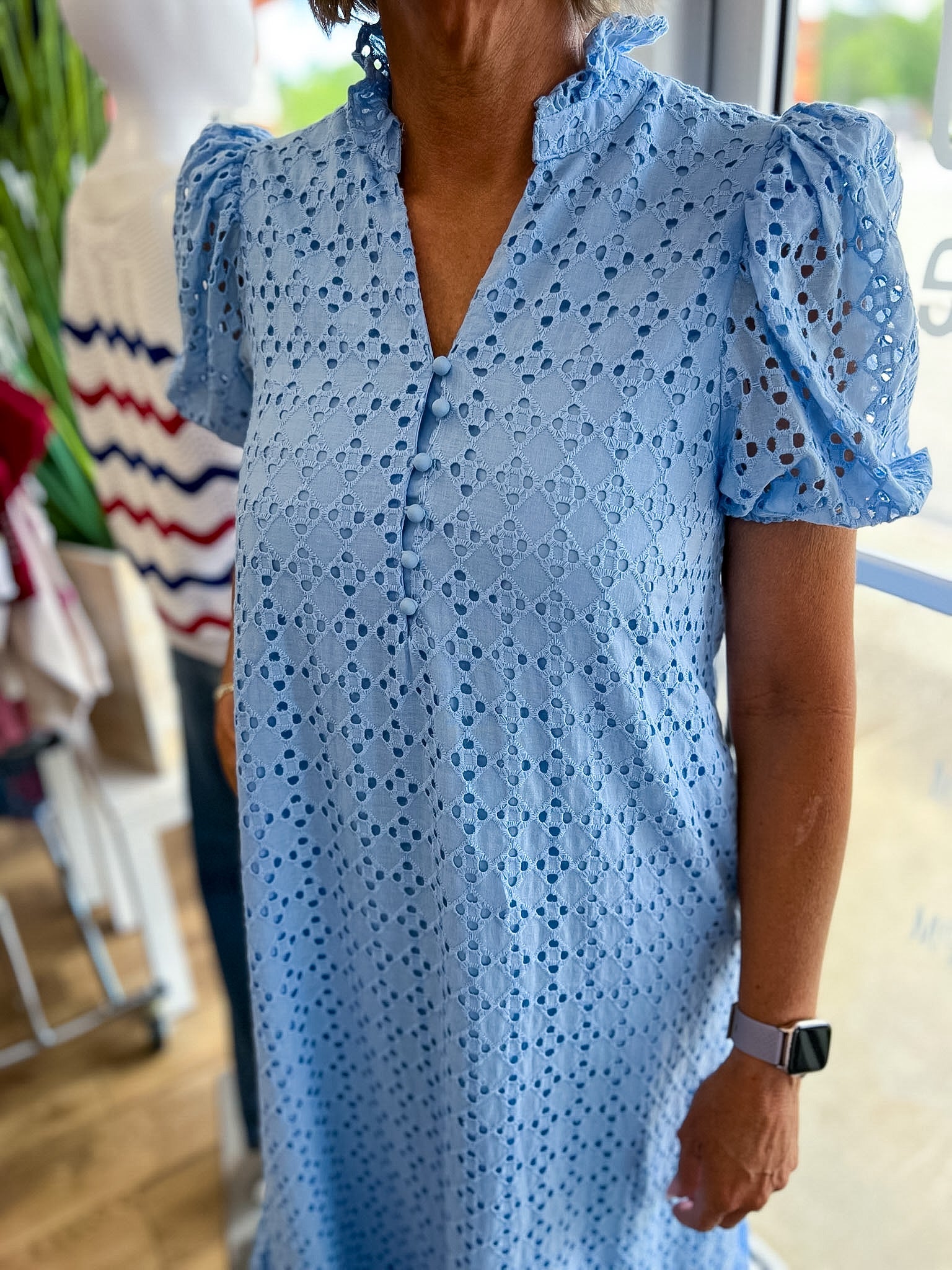 Blue Eyelet Lace V - Neck Midi Dress with Short Puff Sleeves - A'Bekah's Boutique