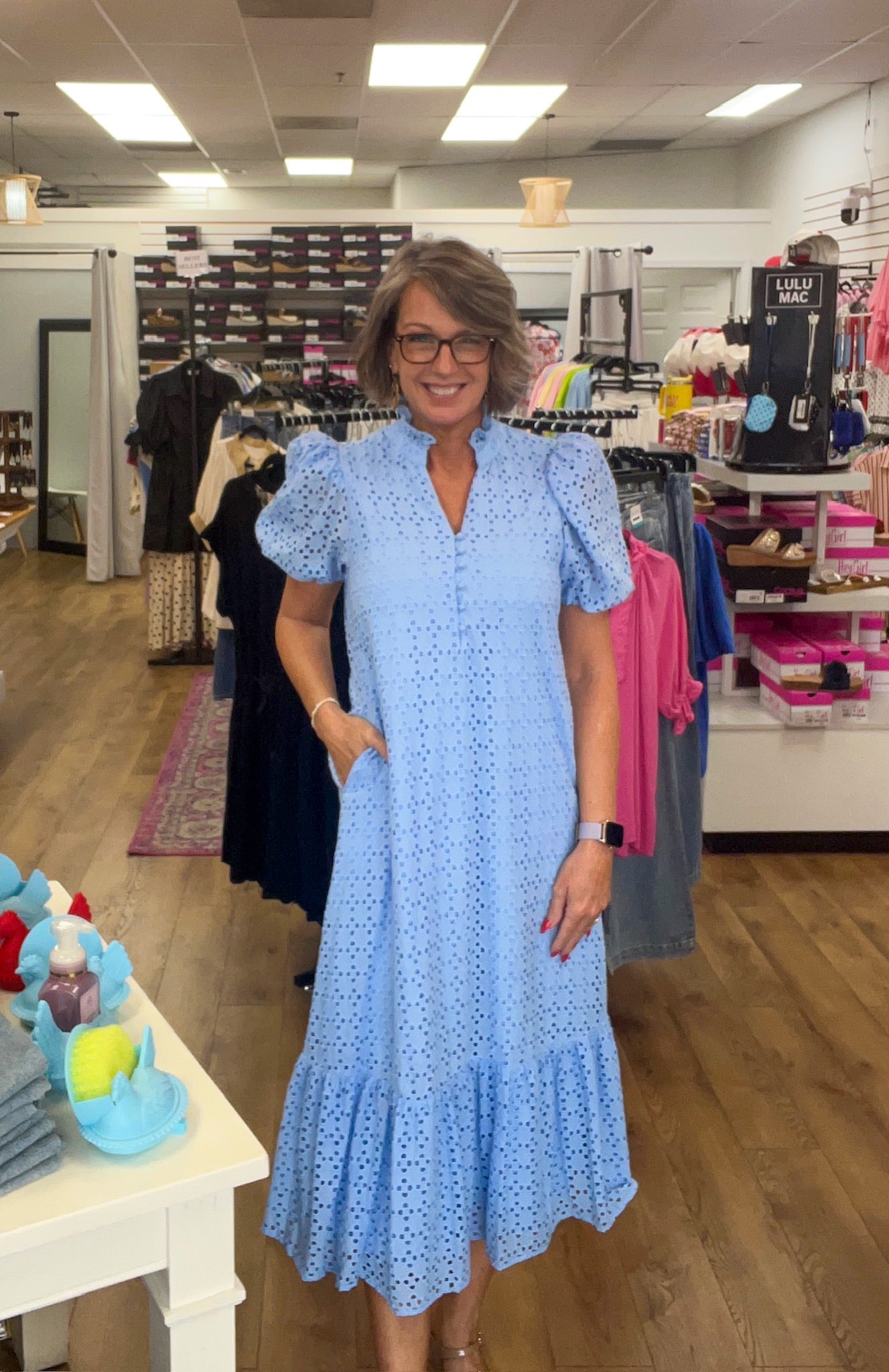Blue Eyelet Lace V - Neck Midi Dress with Short Puff Sleeves - A'Bekah's Boutique
