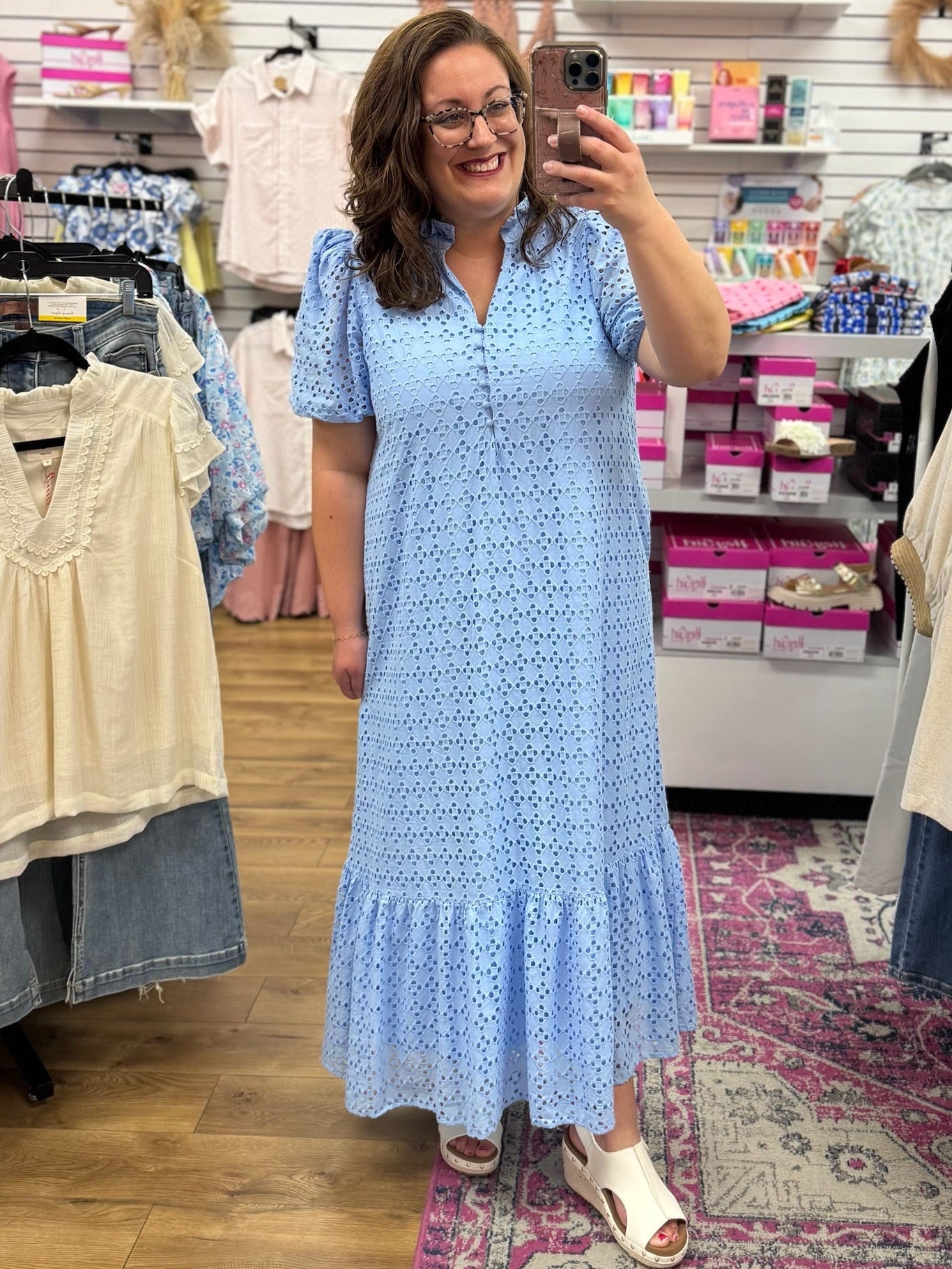 Blue Eyelet Lace V - Neck Midi Dress with Short Puff Sleeves - A'Bekah's Boutique