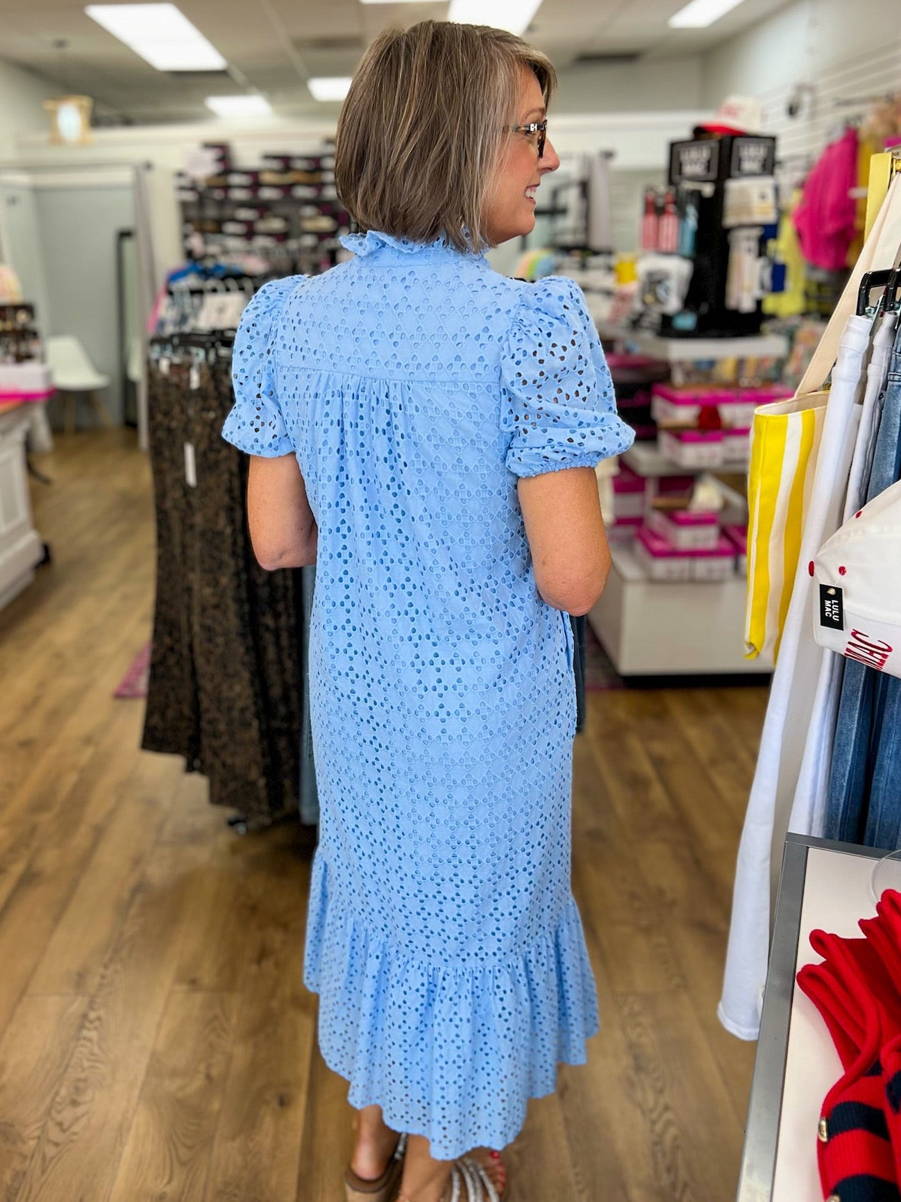 Blue Eyelet Lace V - Neck Midi Dress with Short Puff Sleeves - A'Bekah's Boutique