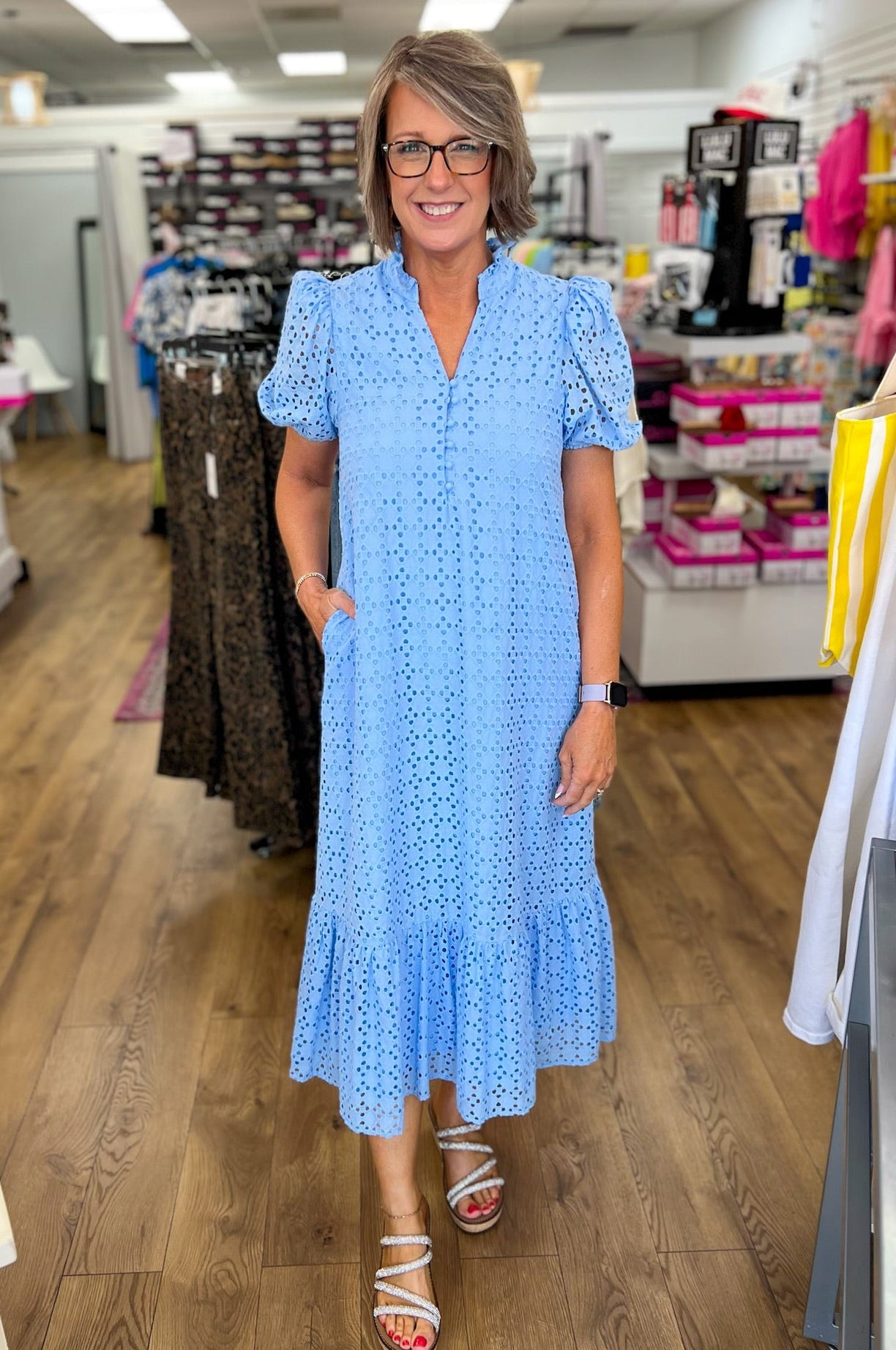 Blue Eyelet Lace V-Neck Midi Dress with Short Puff Sleeves 2X