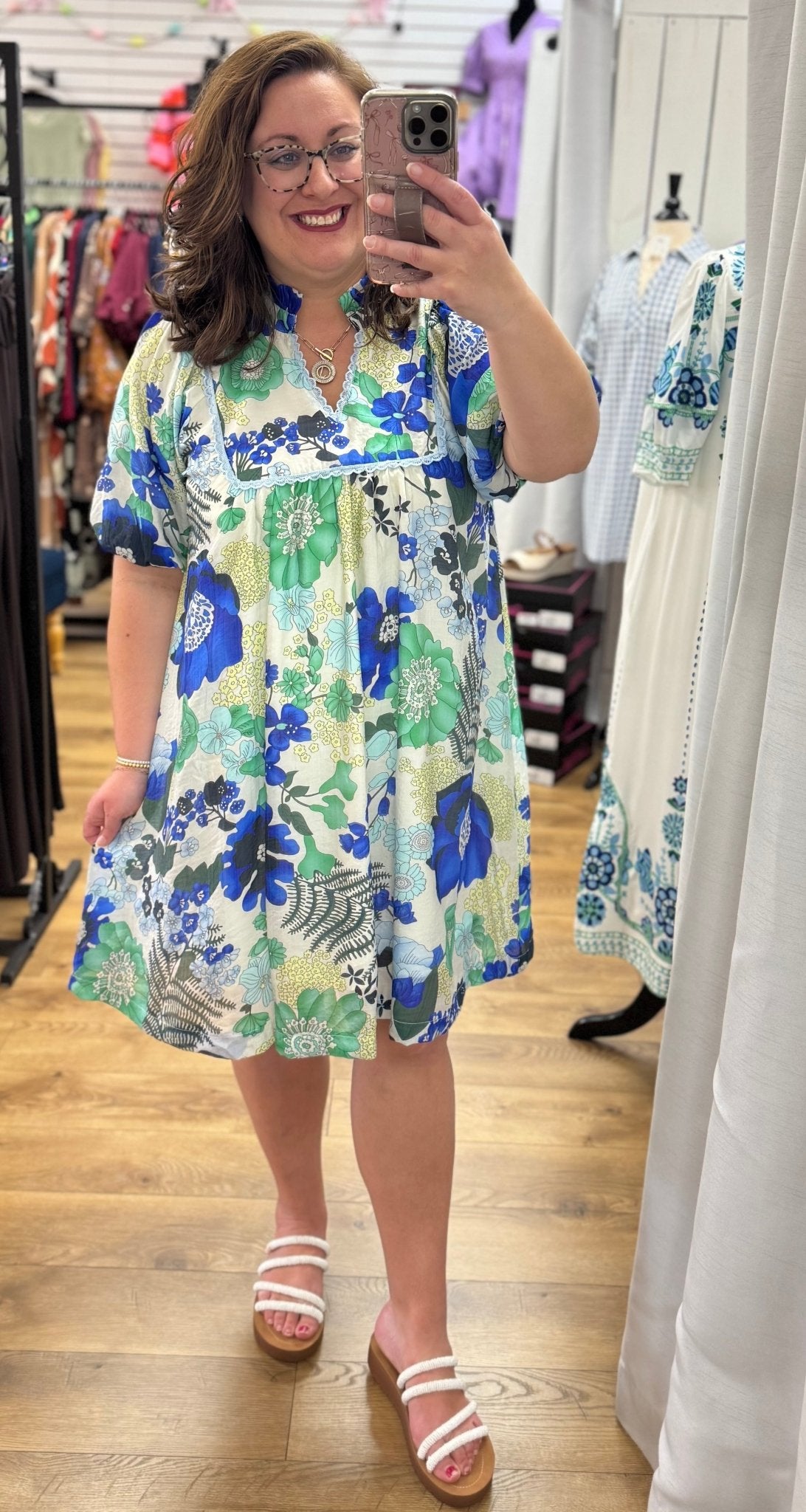 Blue Floral Babydoll Dress with Short Puff Sleeves - A'Bekah's Boutique