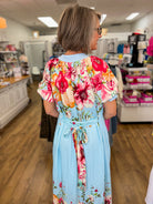 Blue Floral Border Print Midi Dress with Tie Waist - A'Bekah's Boutique
