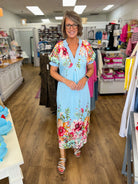 Blue Floral Border Print Midi Dress with Tie Waist - A'Bekah's Boutique