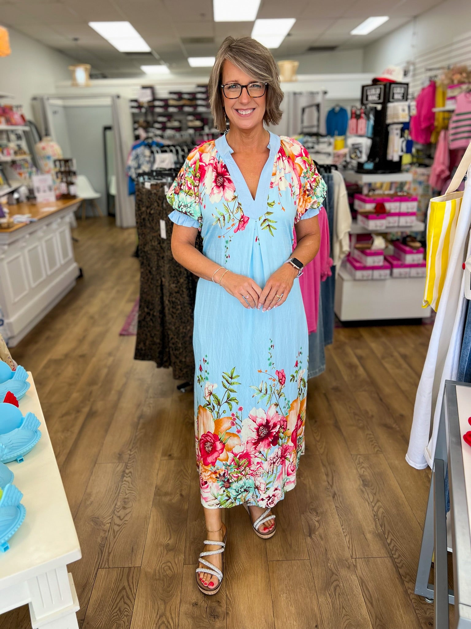 Blue Floral Border Print Midi Dress with Tie Waist - A'Bekah's Boutique