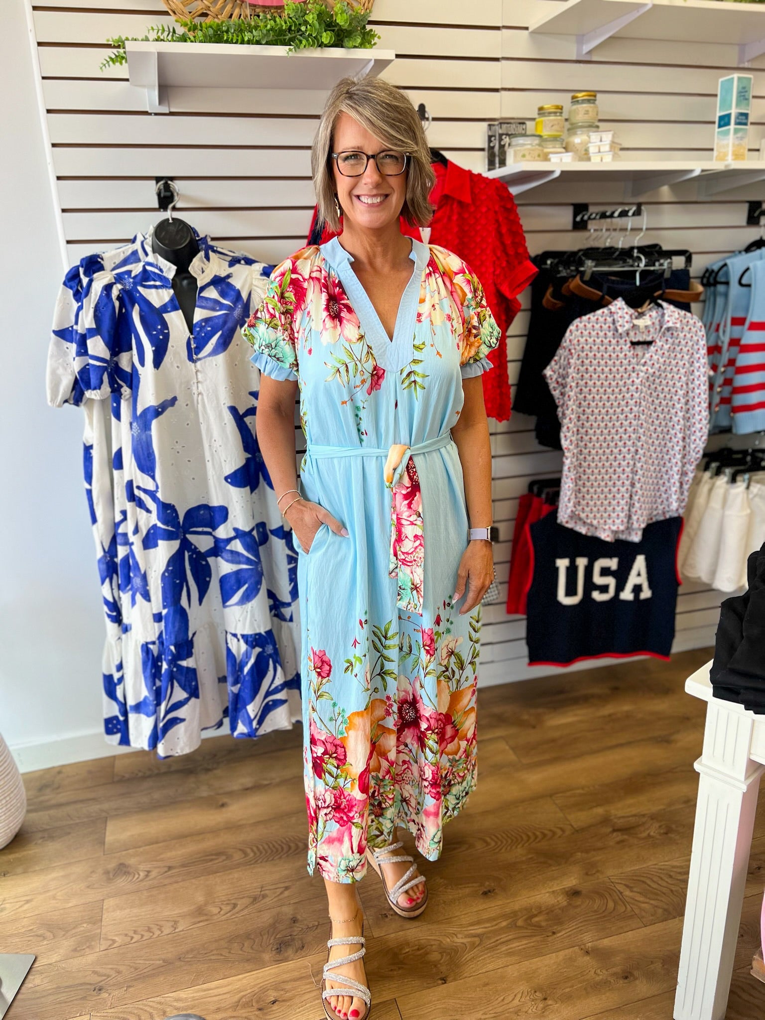 Blue Floral Border Print Midi Dress with Tie Waist - A'Bekah's Boutique