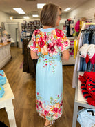 Blue Floral Border Print Midi Dress with Tie Waist - A'Bekah's Boutique