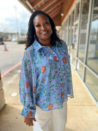 Blue Floral Button Up Long Sleeve Top (C) - A'Bekah's Boutique