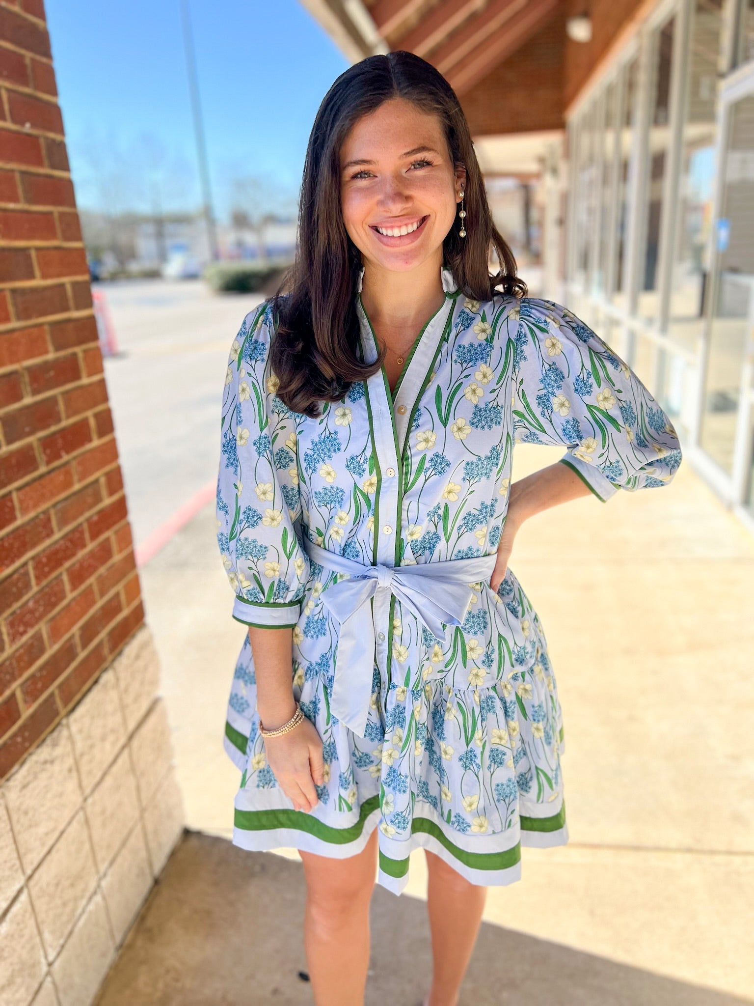 Blue Floral Dress with Tie Waist - A'Bekah's Boutique
