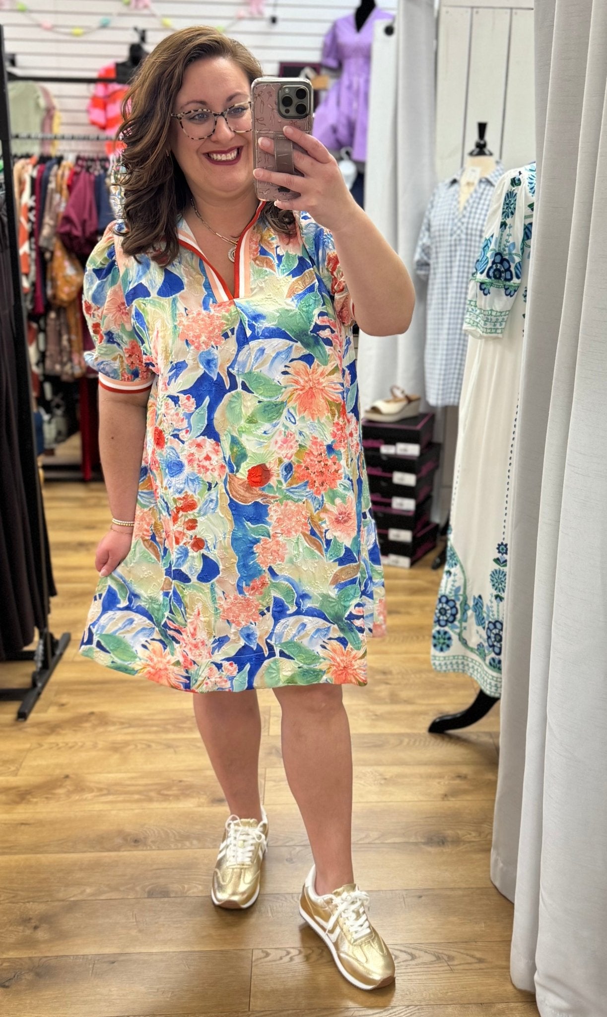 Blue Floral Jacquard Print V - Neck Dress with Short Puff Sleeves - A'Bekah's Boutique