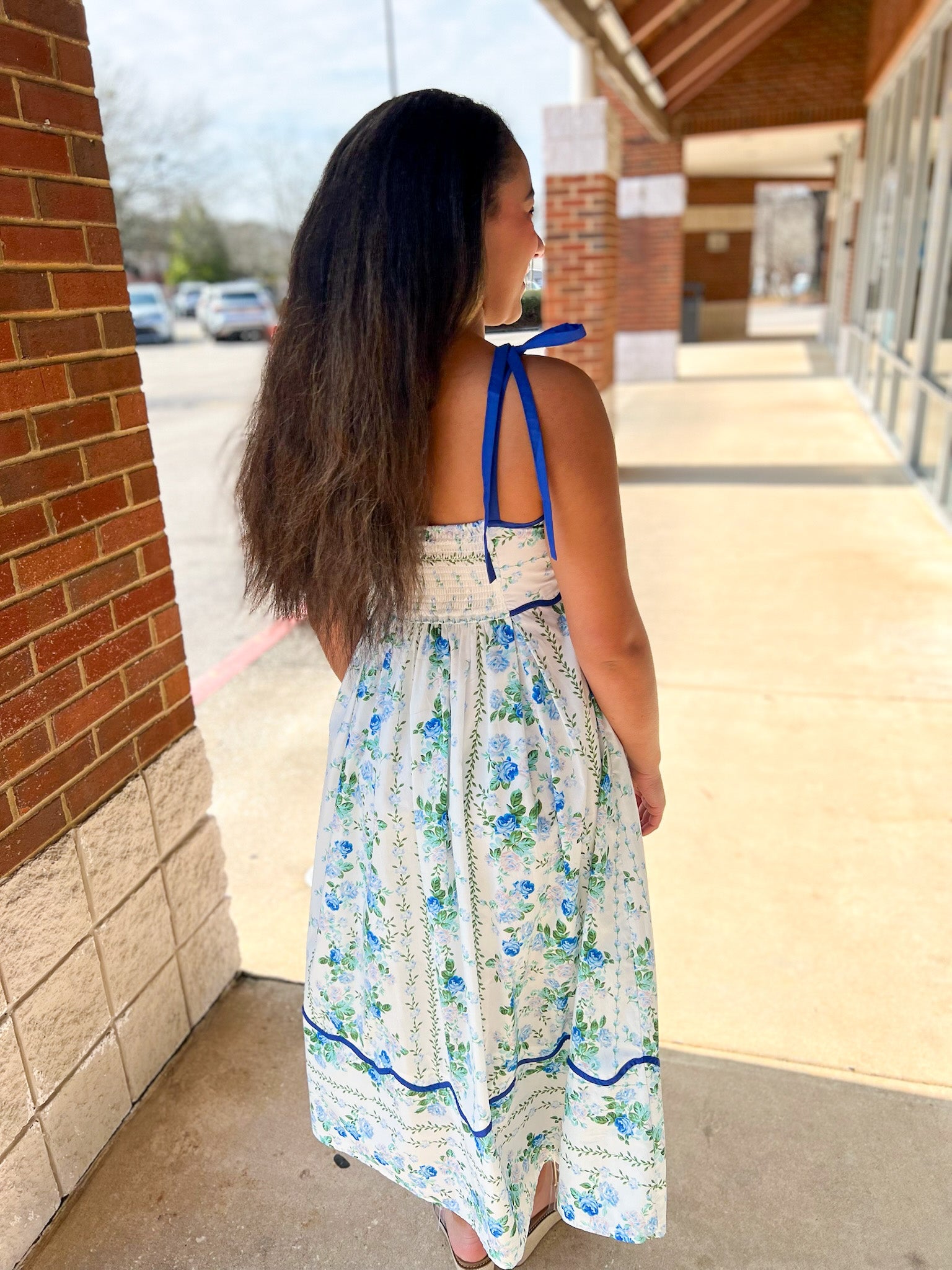 Blue Floral Midi Dress with Scalloped Trim and Tie Shoulders - A'Bekah's Boutique