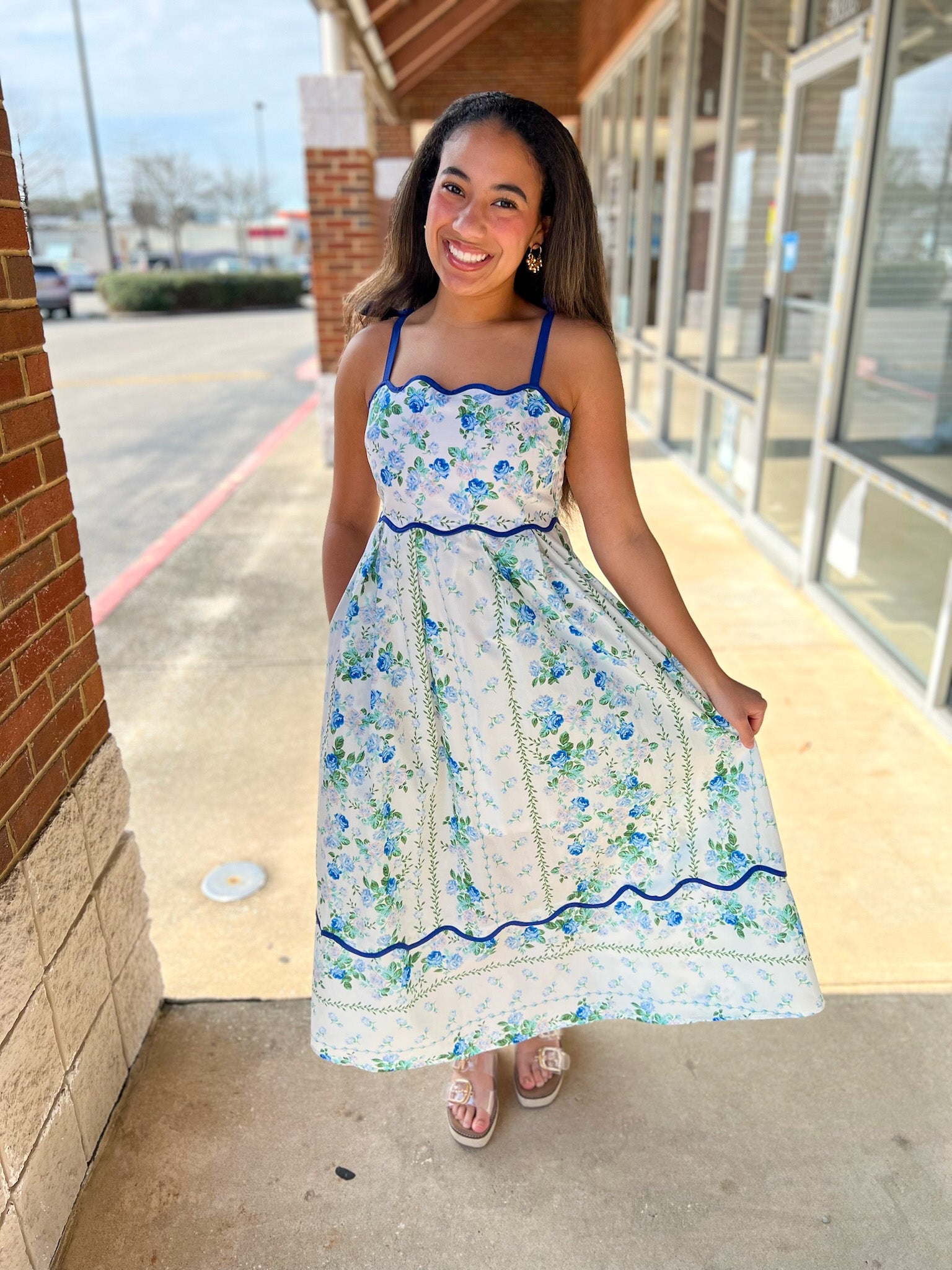 Blue Floral Midi Dress with Scalloped Trim and Tie Shoulders - A'Bekah's Boutique