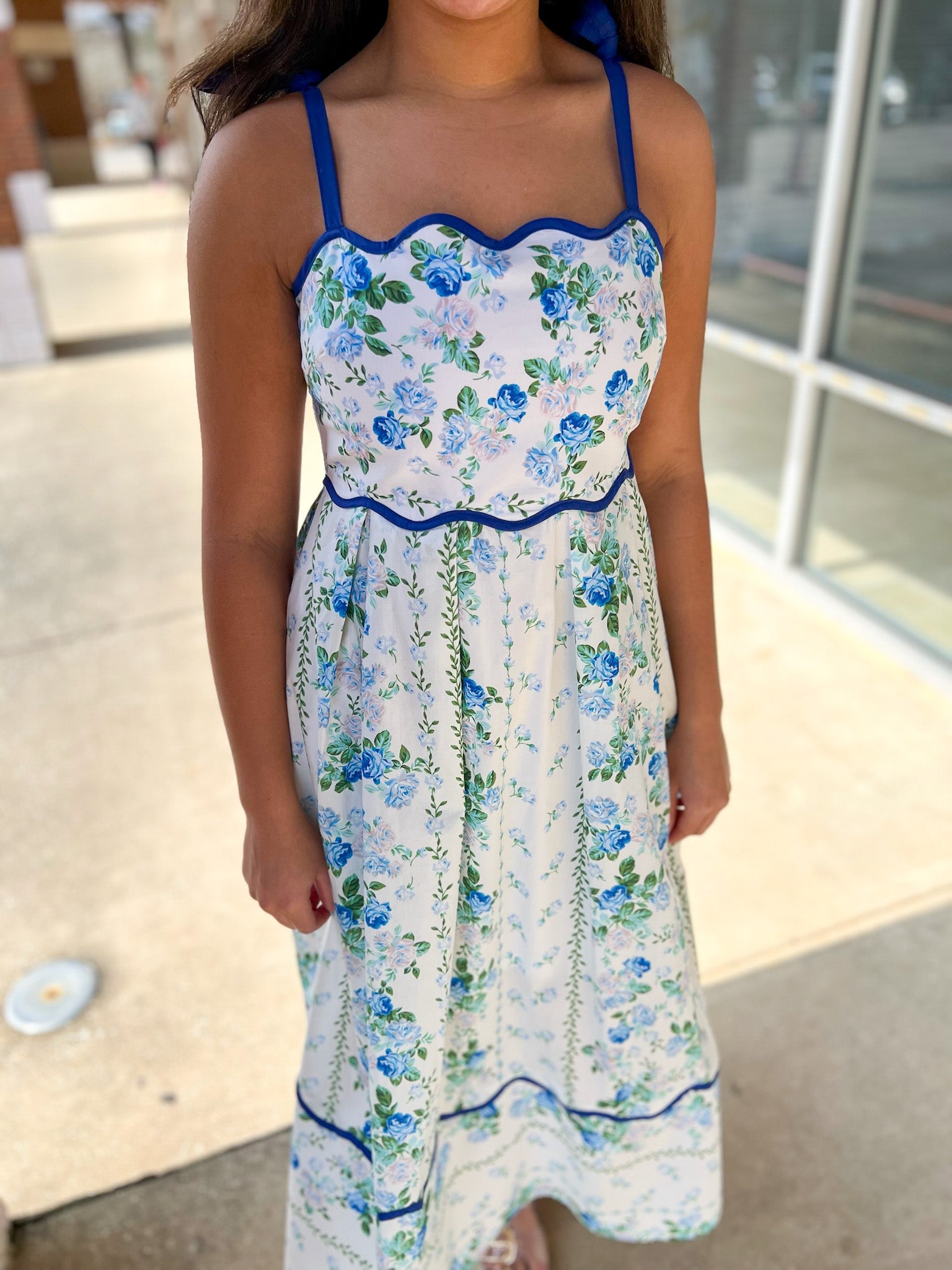 Blue Floral Midi Dress with Scalloped Trim and Tie Shoulders - A'Bekah's Boutique