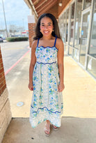 Blue Floral Midi Dress with Scalloped Trim and Tie Shoulders - A'Bekah's Boutique