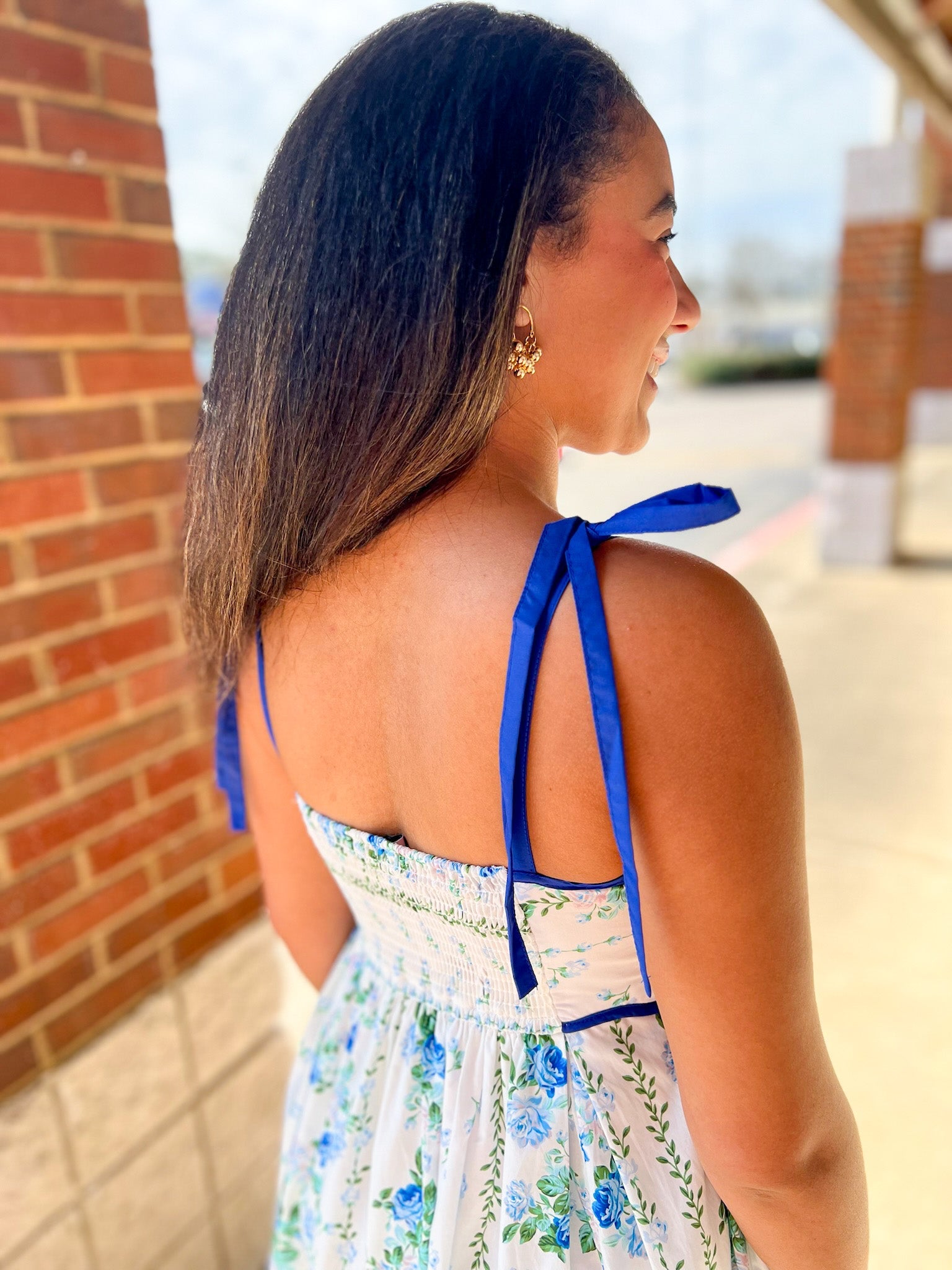 Blue Floral Midi Dress with Scalloped Trim and Tie Shoulders - A'Bekah's Boutique