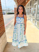 Blue Floral Midi Dress with Scalloped Trim and Tie Shoulders - A'Bekah's Boutique