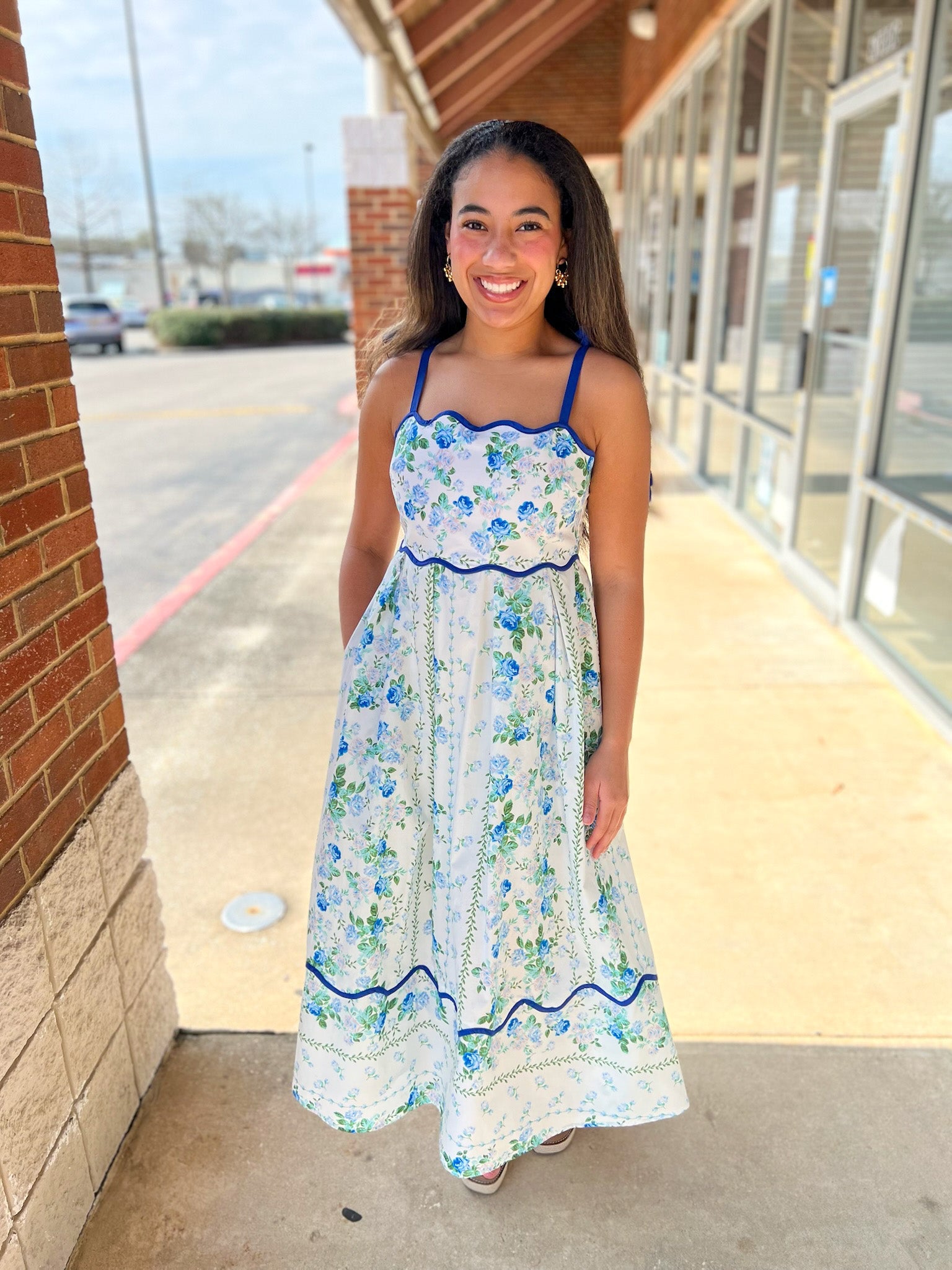 Blue Floral Midi Dress with Scalloped Trim and Tie Shoulders - A'Bekah's Boutique