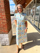 Blue Floral Midi Dress with Short Puff Sleeves and Self - Tie Waist - A'Bekah's Boutique