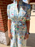 Blue Floral Midi Dress with Short Puff Sleeves and Self - Tie Waist - A'Bekah's Boutique