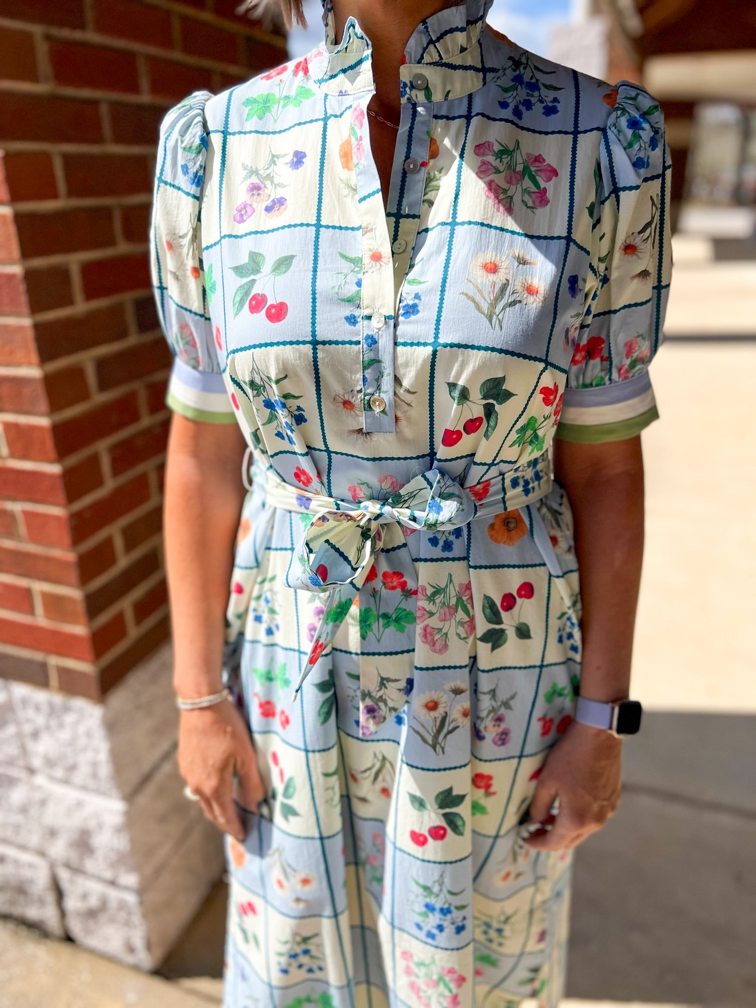 Blue Floral Midi Dress with Short Puff Sleeves and Self - Tie Waist - A'Bekah's Boutique