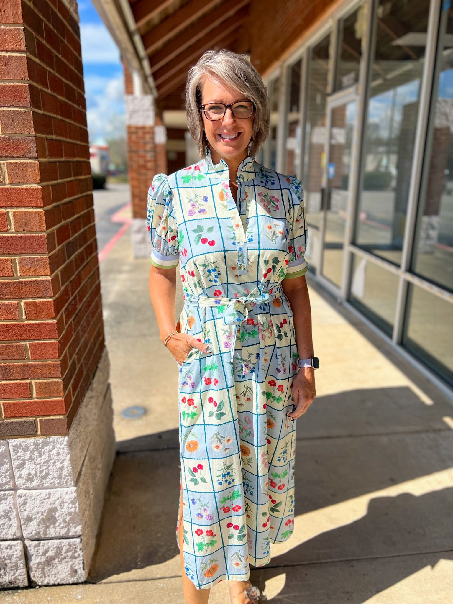 Blue Floral Midi Dress with Short Puff Sleeves and Self - Tie Waist - A'Bekah's Boutique