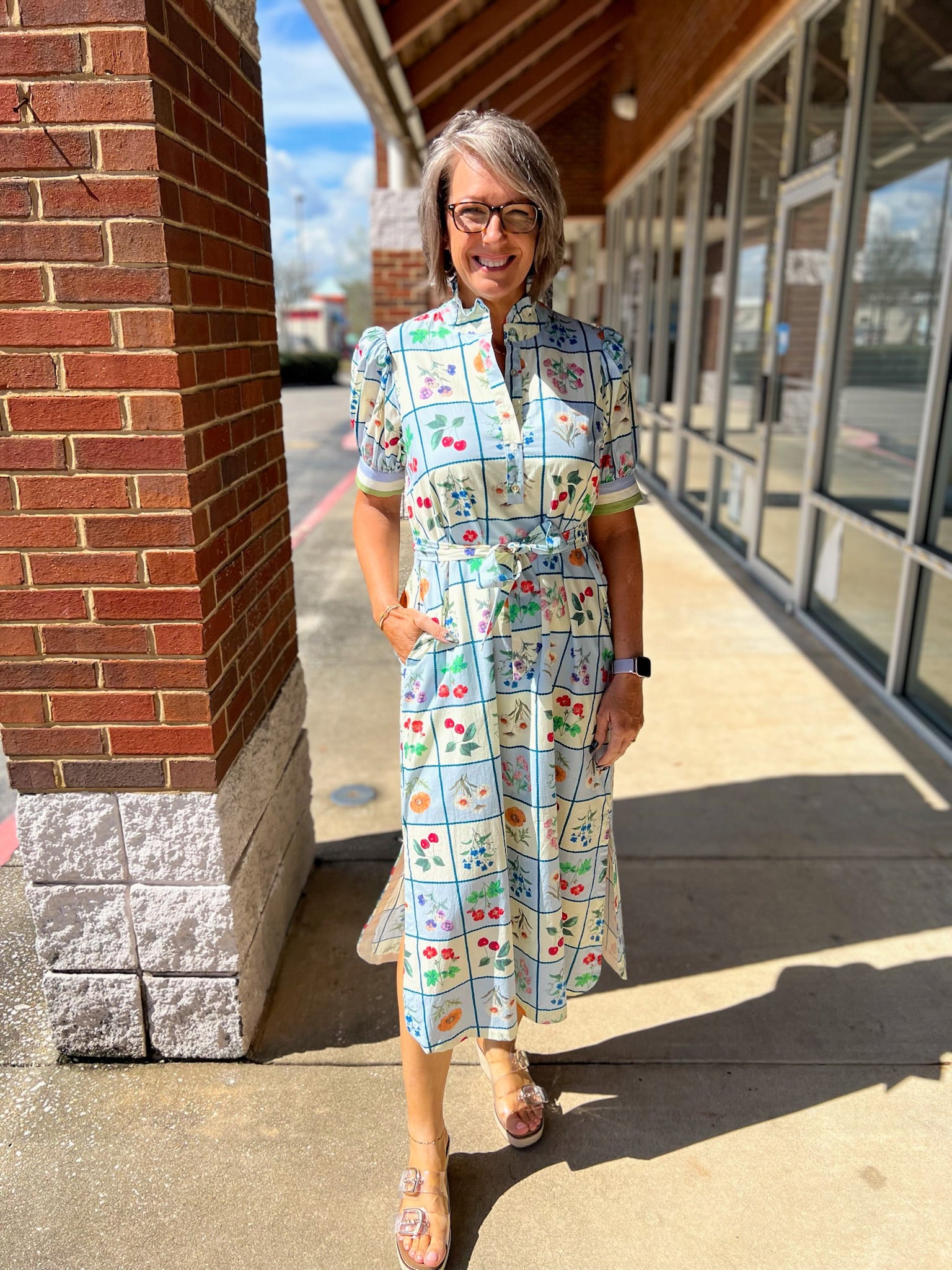 Blue Floral Midi Dress with Short Puff Sleeves and Self - Tie Waist - A'Bekah's Boutique