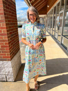 Blue Floral Midi Dress with Short Puff Sleeves and Self - Tie Waist - A'Bekah's Boutique
