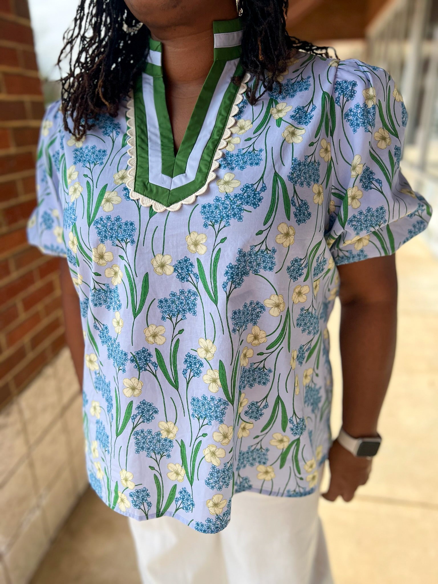 Blue Floral Puff Sleeve V - Neck Top (C) - A'Bekah's Boutique