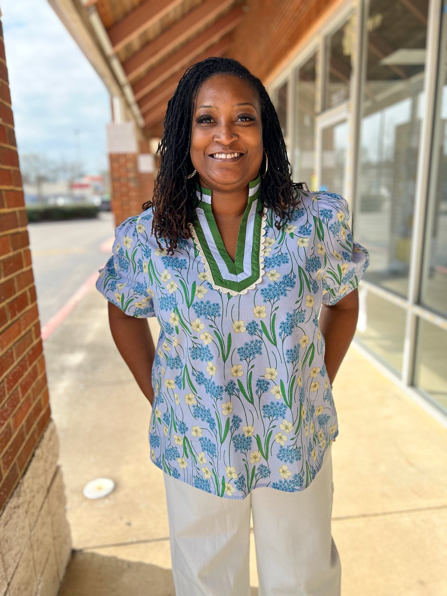 Blue Floral Puff Sleeve V - Neck Top (C) - A'Bekah's Boutique