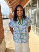 Blue Floral Puff Sleeve V - Neck Top (C) - A'Bekah's Boutique