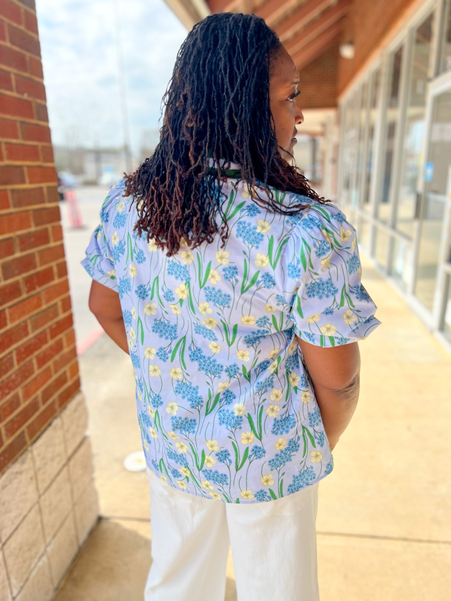 Blue Floral Puff Sleeve V - Neck Top (C) - A'Bekah's Boutique