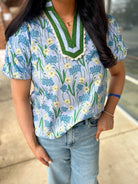 Blue Floral Puff Sleeve V - Neck Top (R) - A'Bekah's Boutique