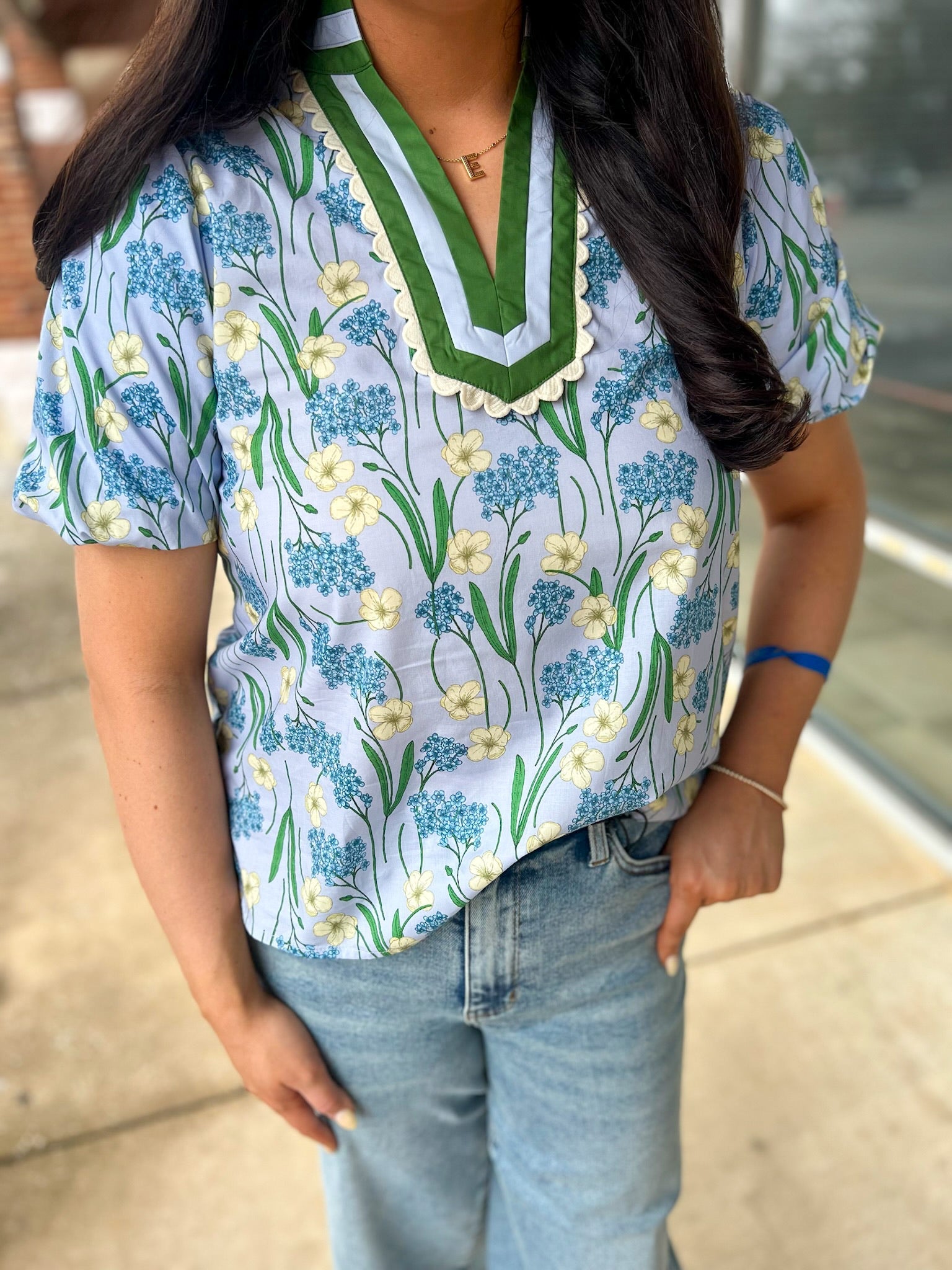 Blue Floral Puff Sleeve V - Neck Top (R) - A'Bekah's Boutique