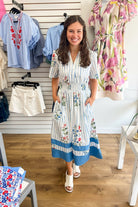 Blue Floral Striped Midi Dress with Smocked Waist - A'Bekah's Boutique