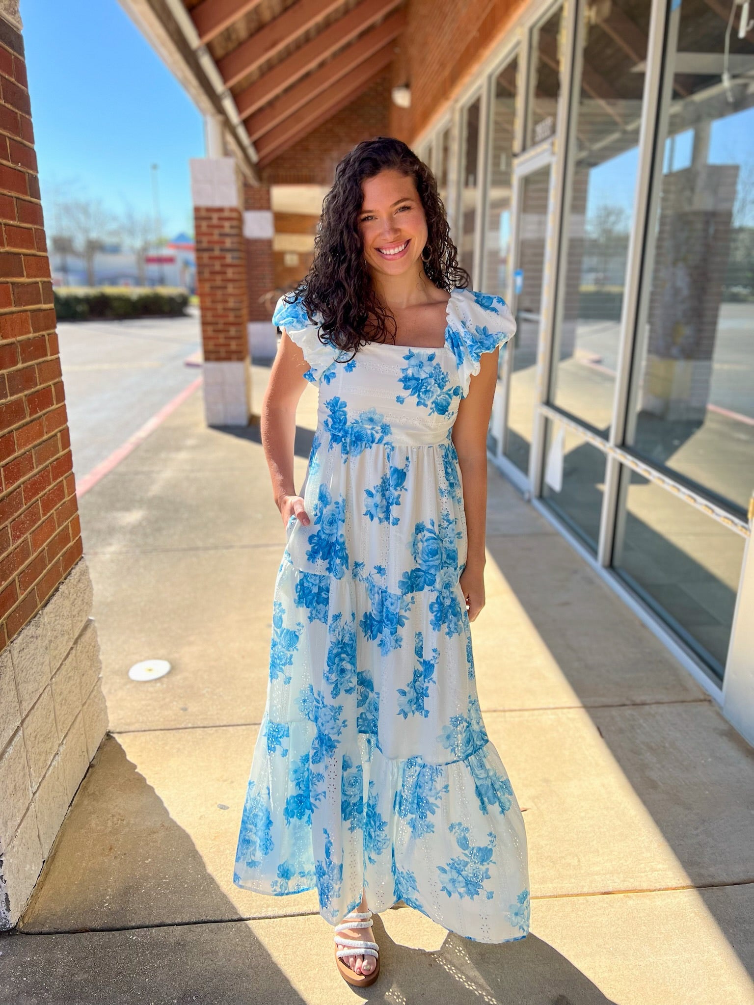 Blue Floral Tiered Maxi Dress with Cap Puff Sleeves - A'Bekah's Boutique