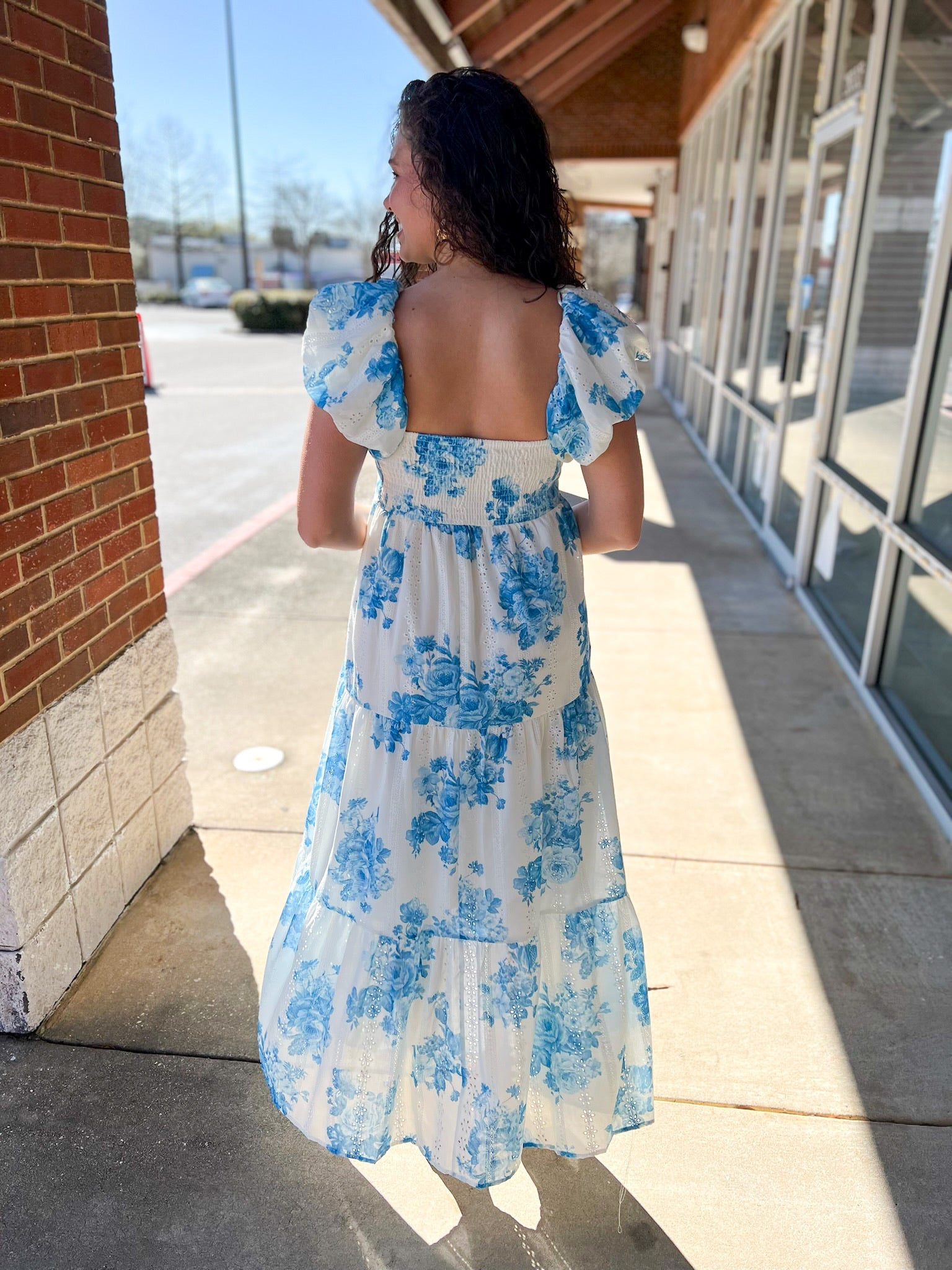 Blue Floral Tiered Maxi Dress with Cap Puff Sleeves - A'Bekah's Boutique