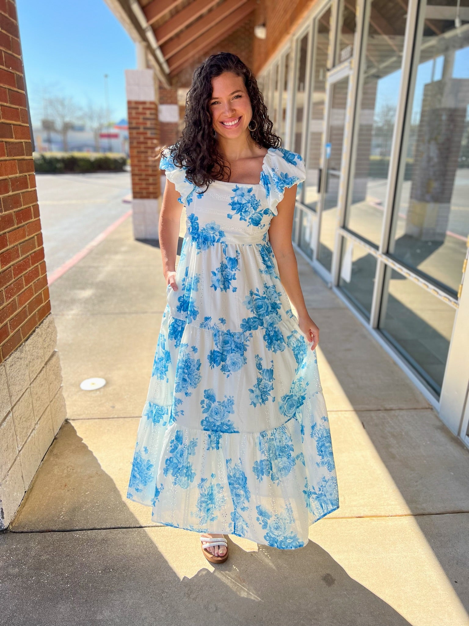 Blue Floral Tiered Maxi Dress with Cap Puff Sleeves - A'Bekah's Boutique