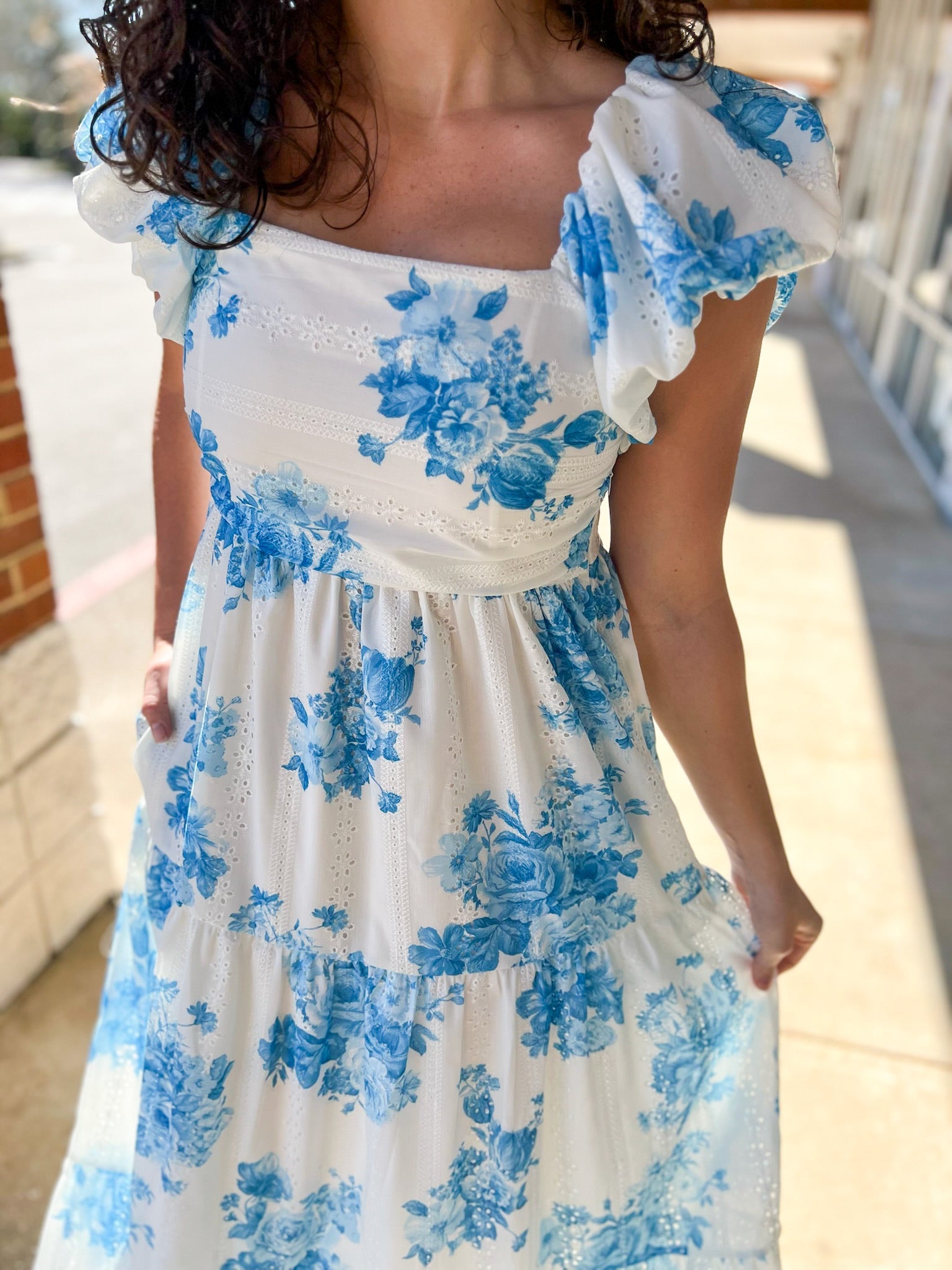 Blue Floral Tiered Maxi Dress with Cap Puff Sleeves - A'Bekah's Boutique