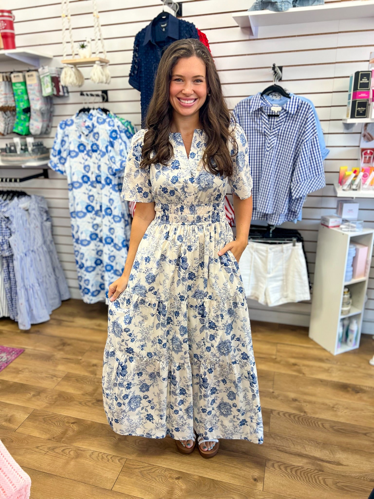 Blue Floral Tiered Maxi Dress with Smocked Waist - A'Bekah's Boutique
