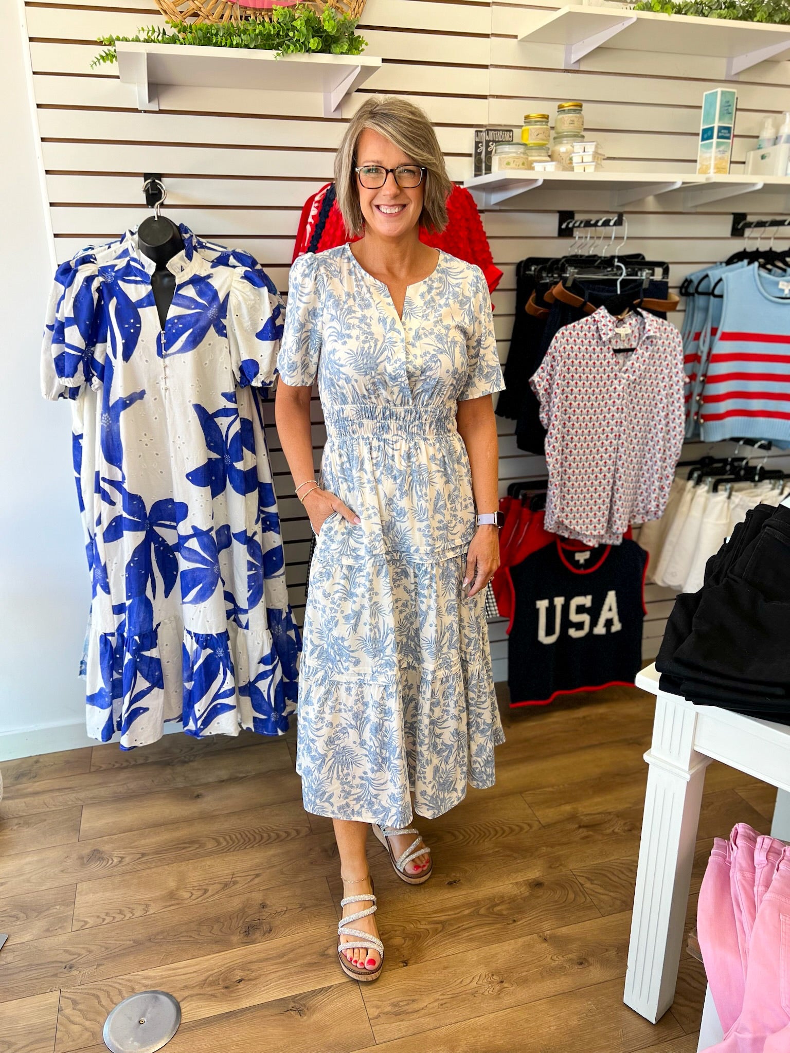 Blue Floral Tiered Midi Dress with Short Sleeves and Smocked Waist - A'Bekah's Boutique