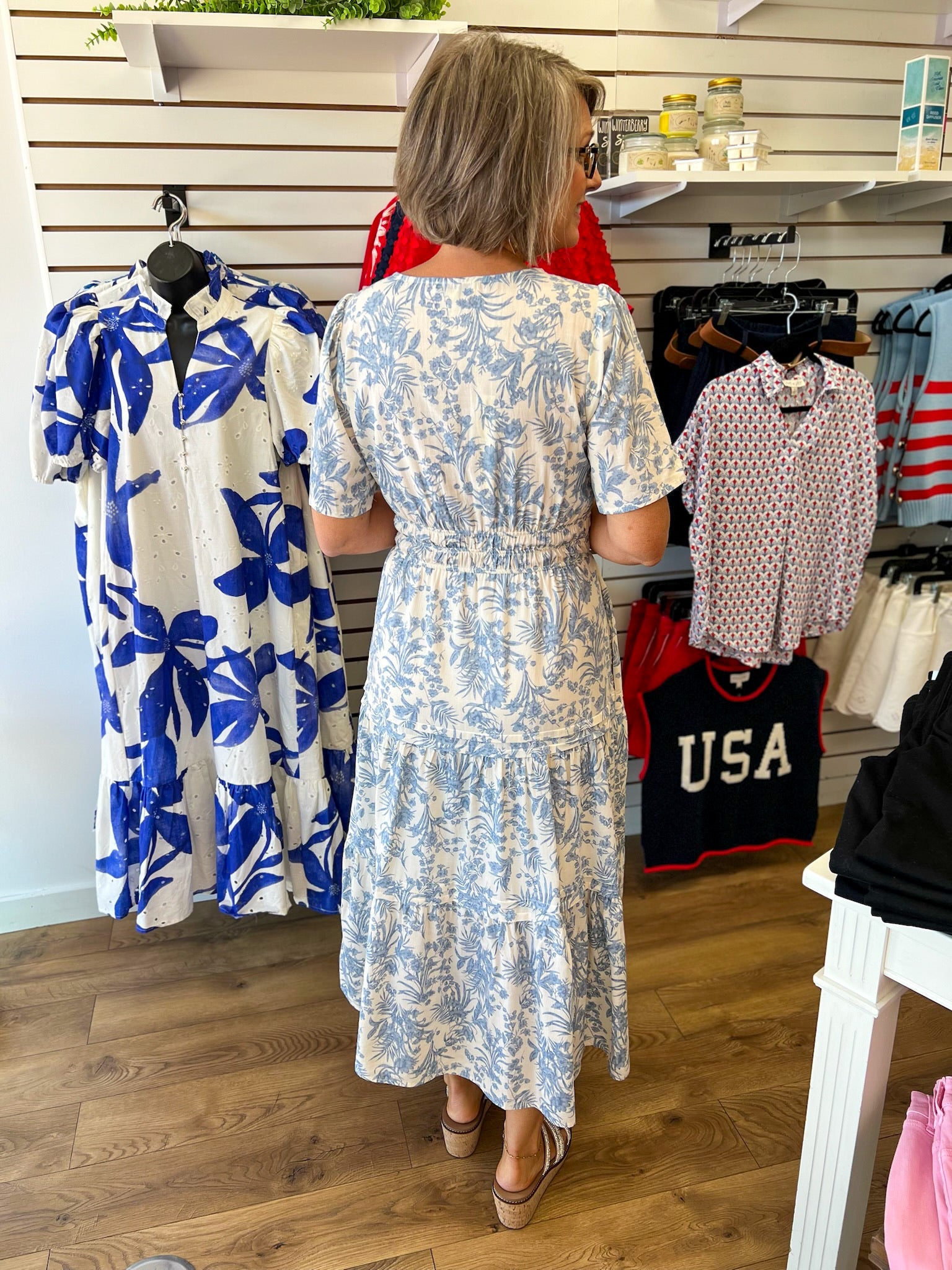 Blue Floral Tiered Midi Dress with Short Sleeves and Smocked Waist - A'Bekah's Boutique