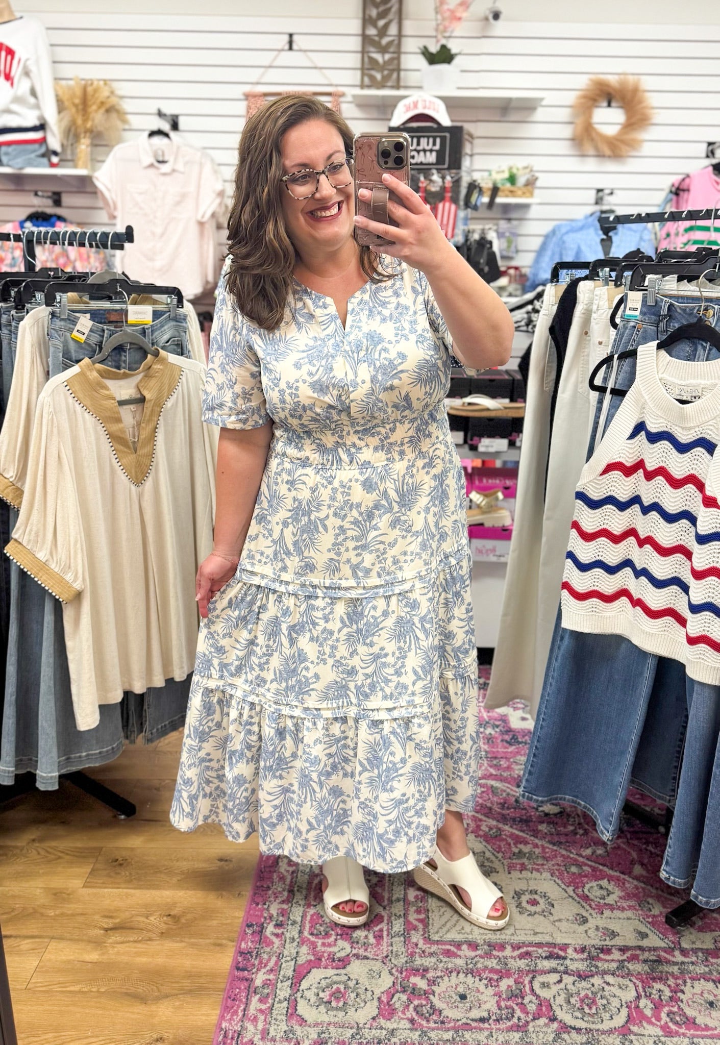 Blue Floral Tiered Midi Dress with Short Sleeves and Smocked Waist - A'Bekah's Boutique